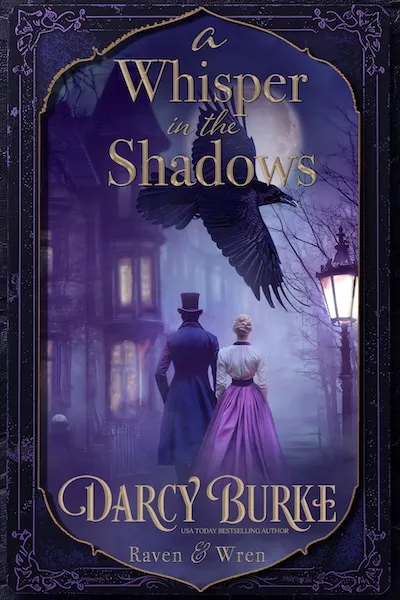 Book cover for Moonlight street in Victorian London with purple hues and a street lamp. A raven flies over a Victorian gentleman with a top hat in a dark coat and a woman with blonde hair wearing a lilac skirt and white blouse who are walking close together.