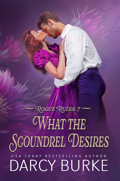 Book cover for Red-haired woman from the Regency era in a magenta dress embraced romantically with a brown-haired gentleman dressed in a white shirt and dark pants. Beautiful magenta flowers form the background.